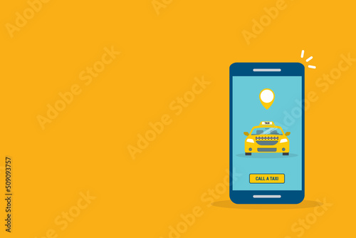 Taxi online service on mobile application with yellow taxicab and location. Get a taxi. Concept for order taxi service. 