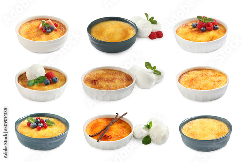 Set with delicious creme brulee on white background