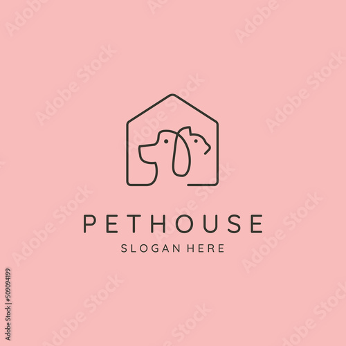 dog cat home pet house line art logo vector symbol illustration design