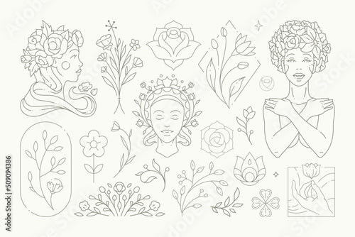 Fényképezés Cute elegant feminine botanical monochrome icon set vector illustration