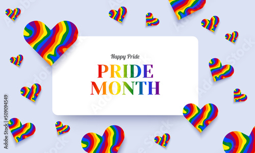 Happy pride month - rainbow pride ribbon roll heart shape with hands raised and on black background vector design