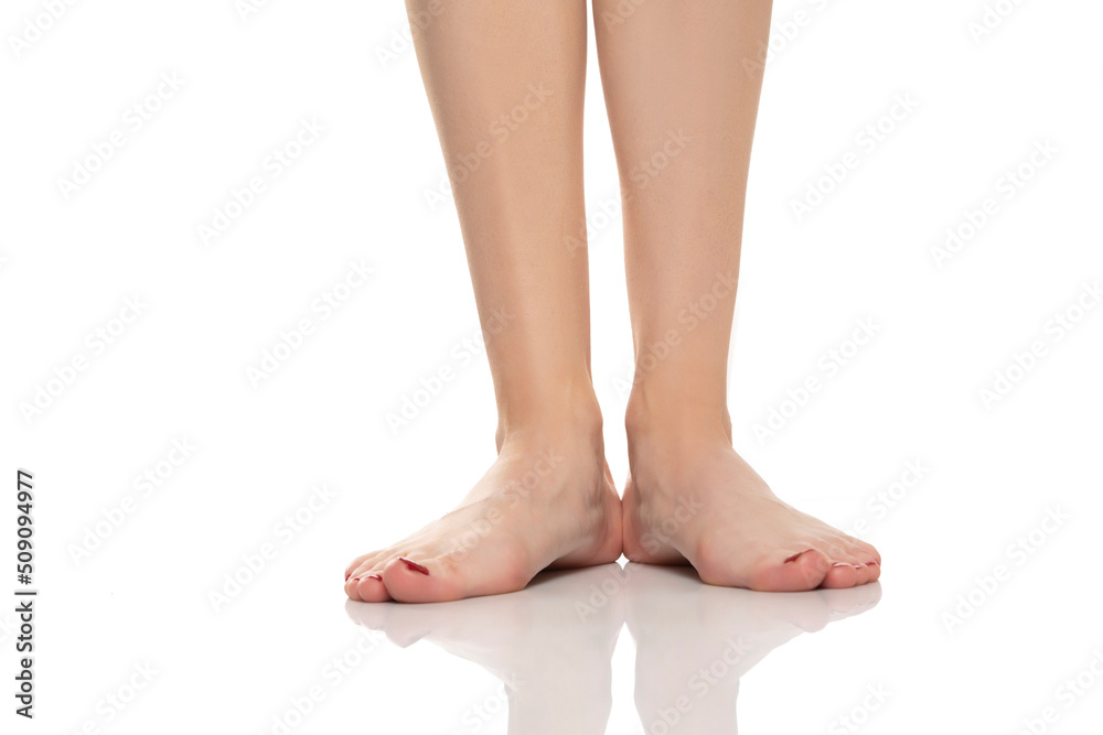 Front view of a beautifully cared female feet on a white background