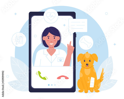 Online consultation with a veterinarian for pets. Female veterinarian treats an animal. Medical diagnostics of animals. Vector illustration