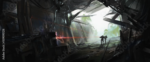 Two soldiers enter an unidentified spaceship that fell in the jungle, 3D illustration. photo