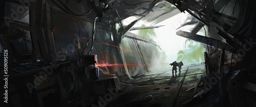 Two soldiers enter an unidentified spaceship that fell in the jungle, 3D illustration.