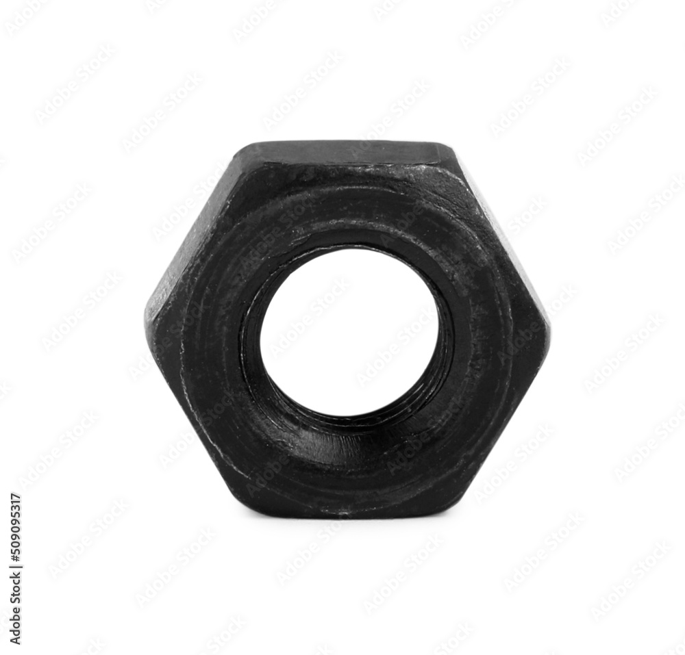 One black metal hex nut on white background One black metal hex nut on white background