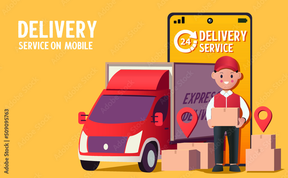 The delivery man delivers the box. a smartphone with a mobile app The delivery man delivers the box. a smartphone with a mobile app
