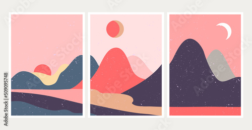 Modern Boho landscape depicting dawn, day, and dusk in pink and purple hues. This winter snowy scenery is presented in a triptych.