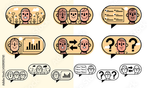 Bulles de conversation avec des personnages qui collaborent sur un projet professionnel, communication en entreprise ou à l'université, échange et groupe de travail, visages souriants