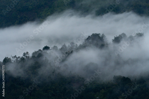 thick clouds between a row of tropical forest hills in Sumatra.