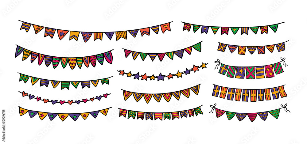 Fototapeta premium Colorful flag garlands festoon doodle illustration. Holiday festive flag buntings, birthday decor elements, carnival fiesta time. Fun and happy bright celebration. Cartoon style hand drawn vector.
