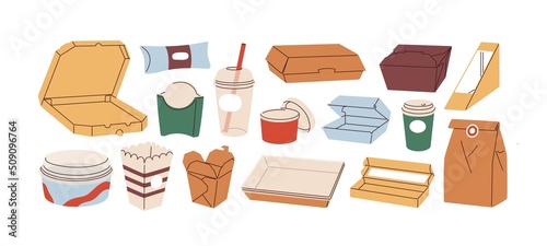 Cardboard boxes, bags for takeaway food. Paper, plastic delivery containers, cups. Empty take away packages. Carton disposable, recyclable packs. Flat vector illustrations isolated on white background