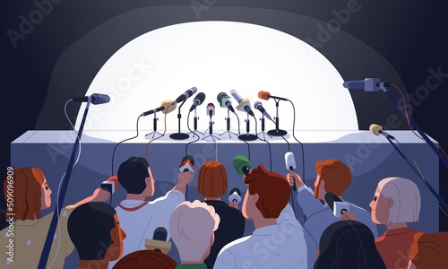 Empty press conference table with microphones. Backs of journalists, reporters audience with mics waiting for speaker. Official public meeting, news event with mass media. Flat vector illustration