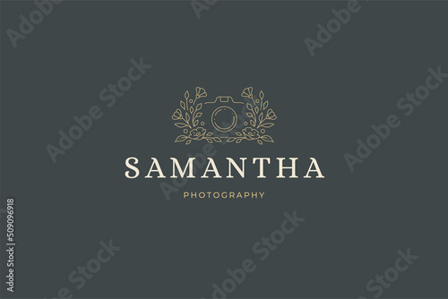 Luxury abstract blossom photo video camera female beauty blog romantic design line art logo vector