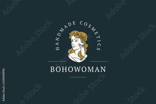 Romantic antique woman goddess in laurel wreath applying moisturizing cosmetic cream on face vector logo