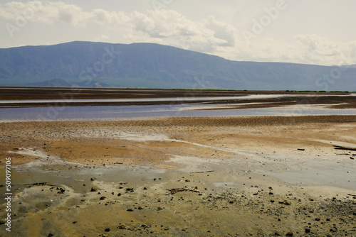 Scenic view of lake Natron on a sunny day in rural Tanzania