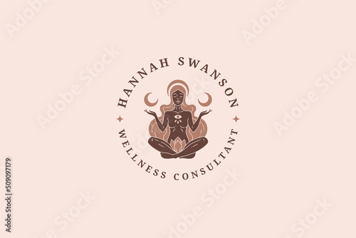 Beige nude spiritual woman all seeing eye practicing yoga in lotus position logo vector