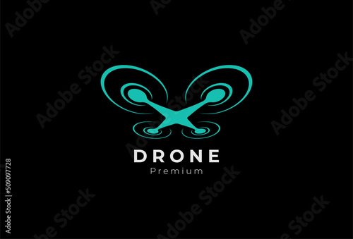 Drone logo,minimalist flying drone logo with perspective view from below, flat design logo template