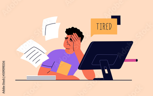 Man tired of hard working, burnout at work. Guy at office sits by the table with computer. Unhappy person overworked. Hand drawn vector illustration isolated on light background. Flat cartoon style.