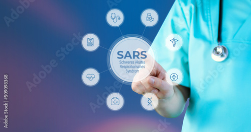 SARS (Schweres Akutes Respiratorisches Syndrom). Arzt zeigt auf digitales medizinisches Interface. Text umgeben von Icons, angeordnet im Kreis.