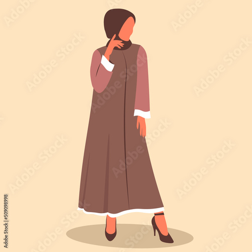 Muslim cartoon woman in hijab, Arabic young girl in fashion traditional dress abaya from UAE or Saudi Arabia posing, islamic model vector illustration