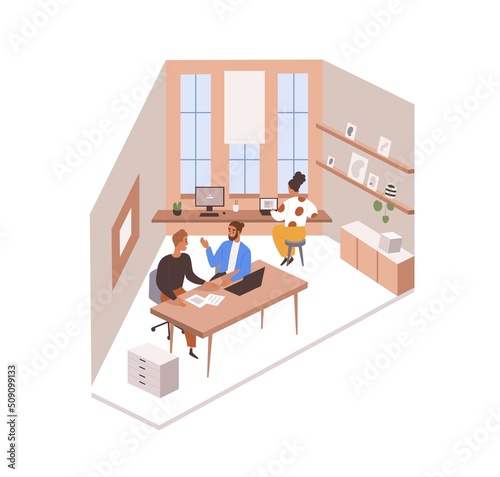 Office life with colleagues discussing and employee working at laptop. Coworking corporate area interior in company. People workers at work. Flat vector illustration isolated on white background