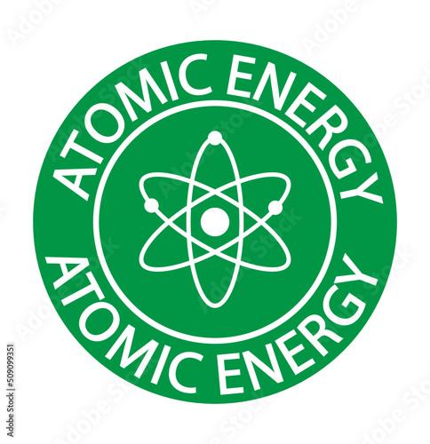 Atomic energy, round green badge with symbol and circular text.