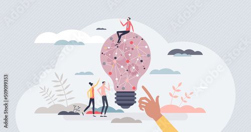 Machine learning and artificial intelligence to generate new idea tiny person concept. Smart neural network with dots connection and information processing for creative innovations vector illustration