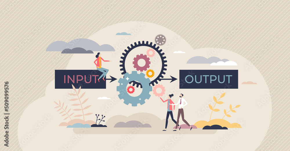 Algorithm data input and output process visualization tiny person concept. Programming and coding set of rules for website automation and information management vector illustration. Computer analysis. - obrazy, fototapety, plakaty 