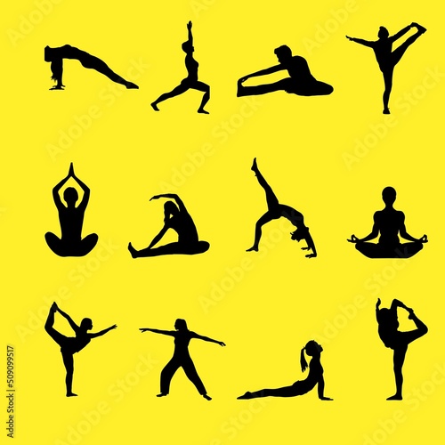 silhouettes of yoga poses with yellow background 
