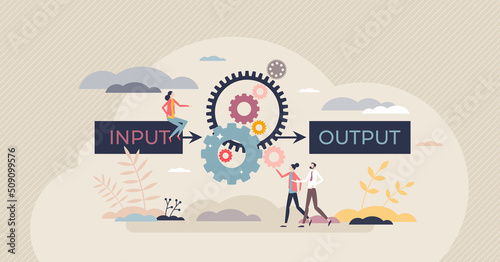 Algorithm data input and output process visualization tiny person concept. Programming and coding set of rules for website automation and information management vector illustration. Computer analysis. photo