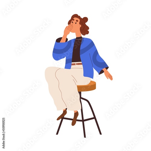 Surprised woman looking, wondering. Excited girl with amazed expression covering mouth with hand palm. Astonished overwhelmed person staring. Flat vector illustration isolated on white background