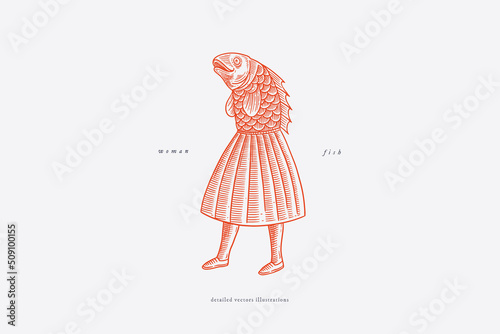 Woman-fish with in a skirt. Fantasy character in vintage engraving style. Vector illustration on a light isolated background.