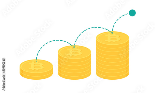 Bouncing ball on stack of gold bitcoin coins. Cryptocurrency, digital currency, business and finance concept. Flat design vector illustration.