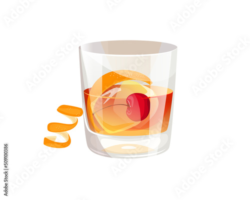 Classic Old Fashion cocktail in a glass glass.Alcoholic drink with orange peel, cherry and ice.