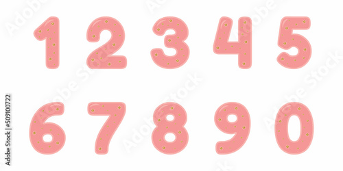 Set of decoration numbers from 0 to 9 pink with glitters isolated  for girls celebrating  birthday, party,invite and more festive. Set of numbers can by used greeting cards,banners,posters and more.
