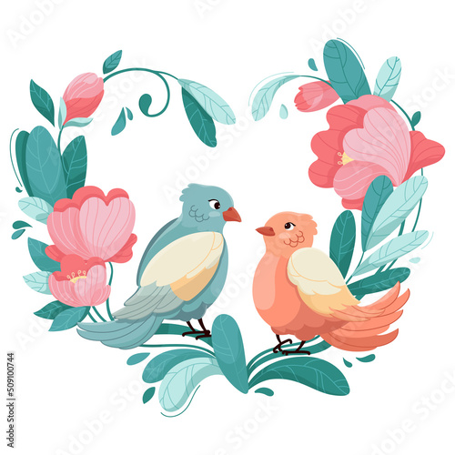 Colorful illustration with love birds  flowers and leaves. Flowers and branches in the form of an asymmetric heart. Vector print for fashion design isolated on white background.