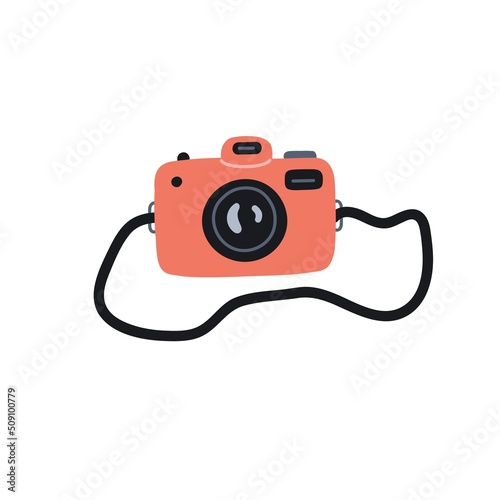 Photo camera with strap. Film analog photocamera with lens. Trendy photography device. Photographic gadget icon. Flat vector illustration isolated on white background