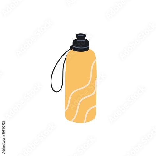 Reusable sports water bottle closed with cap and string loop. Eco plastic drink container with lid. Flat vector illustration isolated on white background