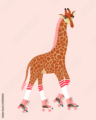 Cute giraffe on roller skates. African animal with spots. Hand drawn vector illustration. Retro style background for card, t-shirt, banners and other.