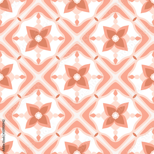 Ceramic geometric tiles seamless pattern with abstract floral elements. Kitchen pottery design, Italian, Moroccan artwork. Simple background in pink, coral colors. Vector floor decorative illustration