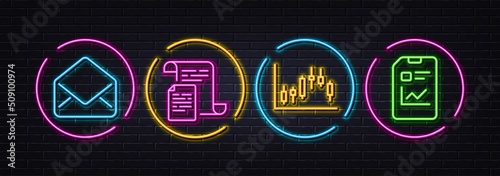 Documents, Candlestick graph and Mail minimal line icons. Neon laser 3d lights. Report document icons. For web, application, printing. Office file, Finance chart, E-mail. Statistics file. Vector