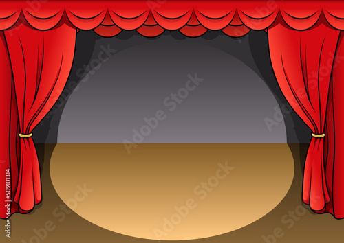 A Fabric Theater Curtain with Stage - Colored Cartoon Illustration as Background, Vector