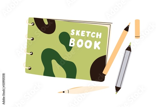 Sketchbook, pencils, pens for calligraphy, drawing. Art tools, supplies. Sketch book, notebook and stationery. Notepad and accessories. Flat vector illustration isolated on white background