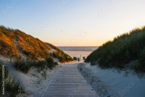 Boardwalk between sand dunes and beach with sea in vanishing point.