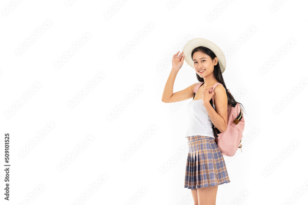 Travel vacation concept girl on white background. Travel vacation concept girl on white background.