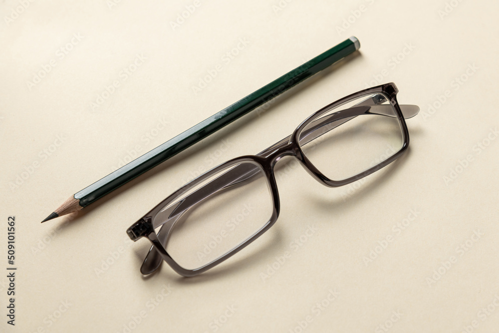 Office desk with copy space. home office. Glasses and pen on office desk top view Office desk with copy space. home office. Glasses and pen on office desk top view