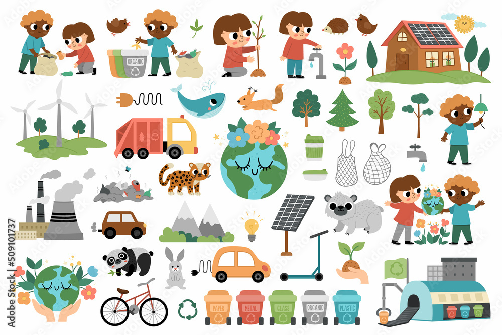 Vector ecological set for kids. Earth day collection with cute children, planet, waste recycling concept. Environment friendly pack with alternative energy, solar panels, endangered animals.