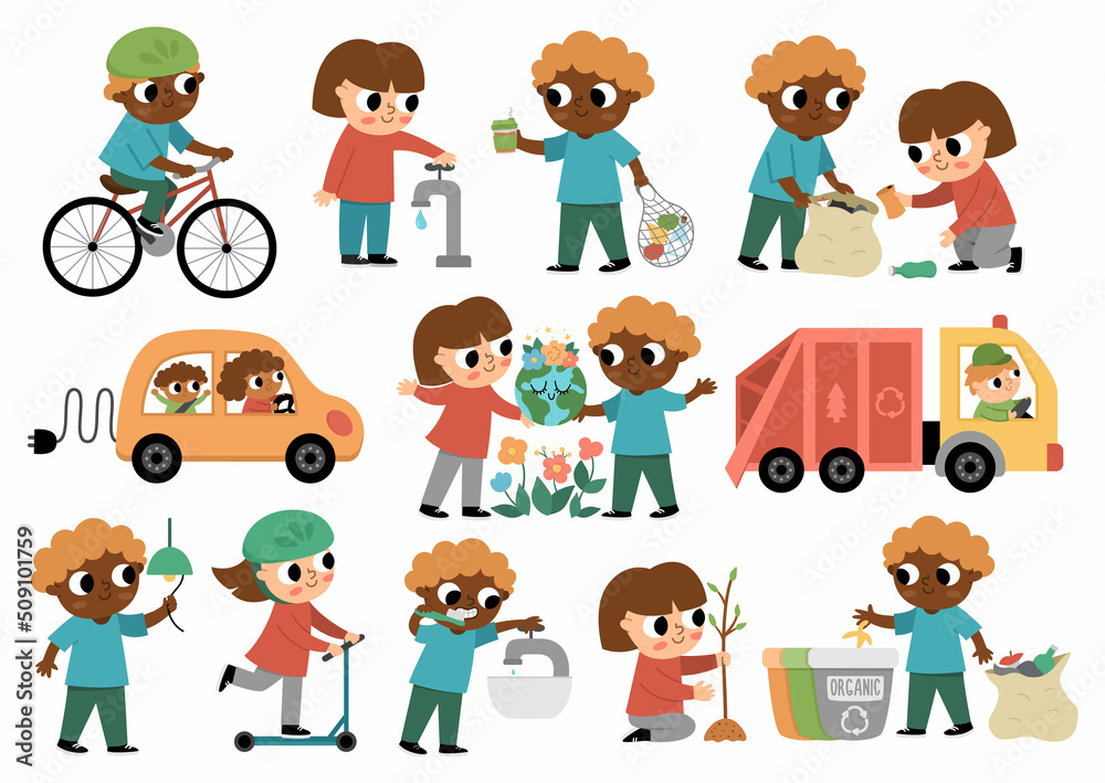 Ecological vector set with children. Cute eco friendly kids collection. Boys and girls saving water, energy, seeding plants, sorting waste, using alternative transport. Earth day concept