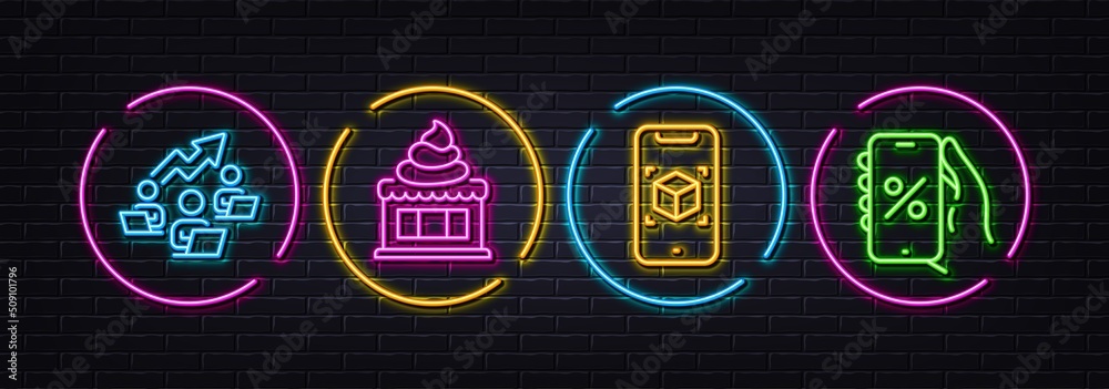 Ice cream, Augmented reality and Teamwork chart minimal line icons. Neon laser 3d lights. Discounts app icons. For web, application, printing. Sundae, Phone simulation, Networking. Phone sale. Vector